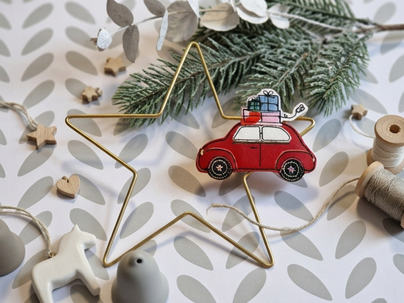 Retro Auto Weihnachts Anhänger Set- ITH-Stickdatei